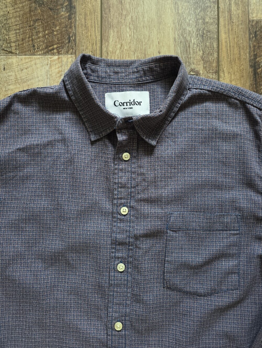 Corridor - AW19 Textured Cotton Button Down Shirt - M - Indigo Tan Micro Check